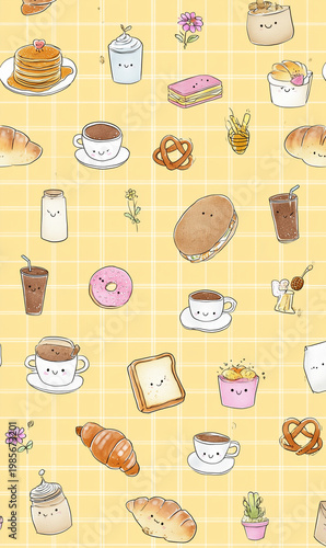 A charming collection of cute, kawaii-style illustrations of various breakfast foods and drinks on a yellow checkered background.