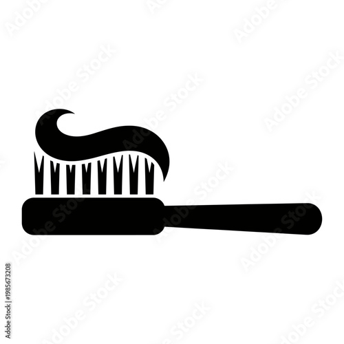 Vector graphic of a black toothbrush with toothpaste on its bristles against a white background