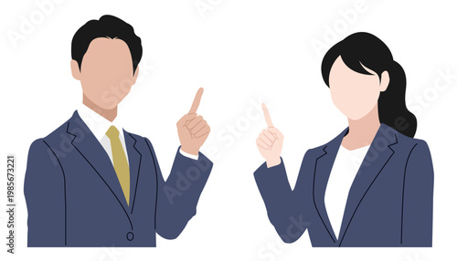 人差し指を立てたスーツ姿の男女のイラスト素材 ベクター 指差し 説明 ポイント ビジネス