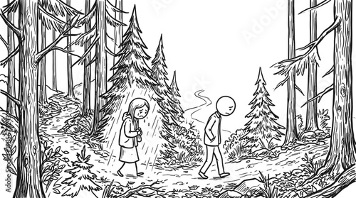 Sad Couple Walking Through a Forest Path
