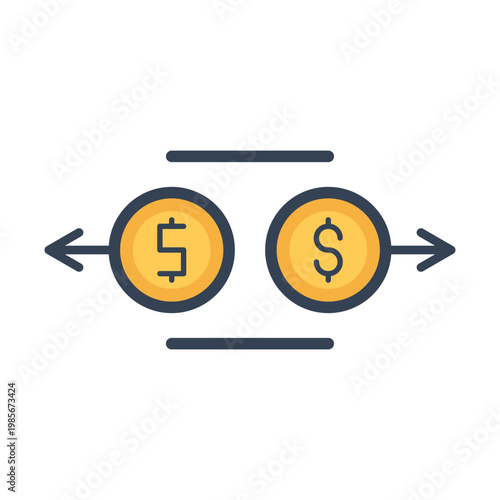 Money Transfer Icon with Dollar Coins and Arrows for Finance App