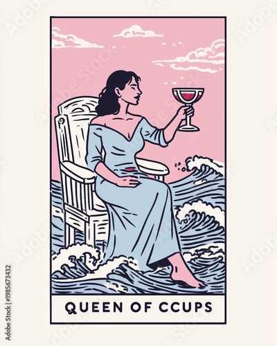 A woman in a light blue dress sits in a chair on the water, holding a goblet of red liquid.