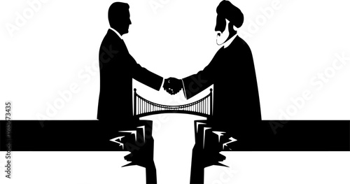 US-Iran Diplomacy Silhouette: Leaders Shaking Hands Over Bridge Vector, Geopolitical Agreement and Peace Conflict Resolution Icon