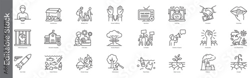 Social issues and global problems icon set – editable outline symbols of poverty, inequality, human rights, pollution and activism