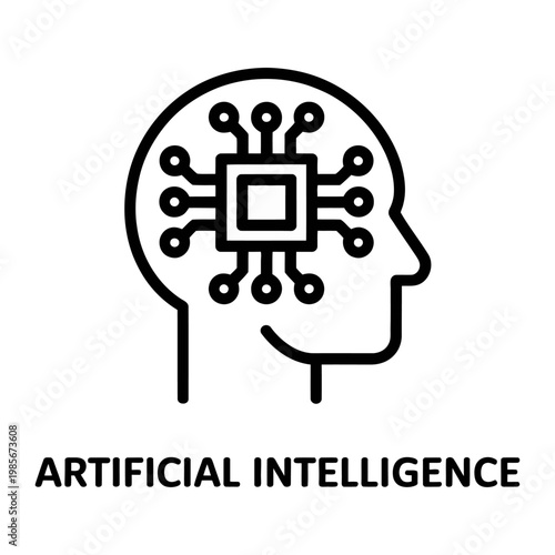 Vector graphic illustration of a human head with a microchip inside representing artificial intelligence