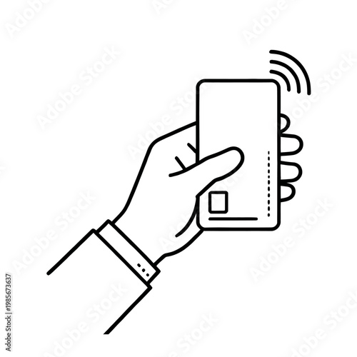 Vector graphic of a hand holding a smartphone with a wireless signal icon, representing mobile technology and connectivity.