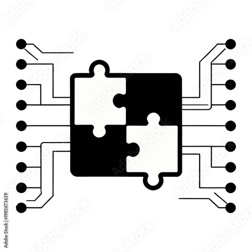 Vector graphic of a puzzle piece connecting to a circuit board in a modern technological concept