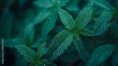 Vibrant Green Leaves Glimmering with Dew Drops Under Soft Morning Light, Nature s Beautiful Artwork