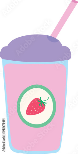 Strawberry milkshake.
A glass with a pink drink, a lilac lid, and a pink straw. The sakana features a round logo depicting a strawberry. Isolated vector illustration on a transparent background.