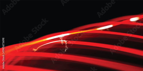 A glowing red electric light bulb radiates energy through an artistic motion of light waves and curved lines against a black night space texture
