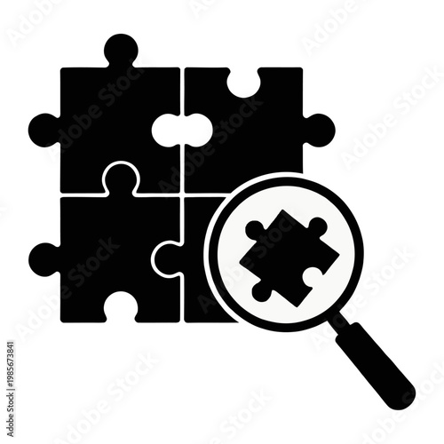 Vector of a magnifying glass examining a puzzle piece in a set of interconnected puzzle pieces.
