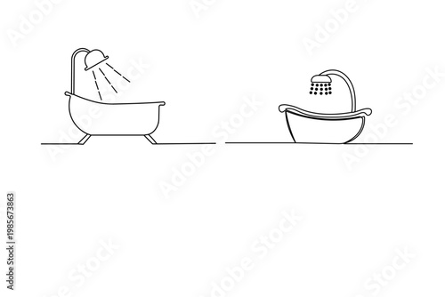 Minimalist single-line drawing of a shower head with water droplets on a white background.
