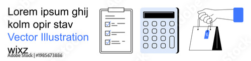 Productivity, shopping, budgeting, organization, ecommerce, retail. Features a checklist, calculator and hand holding a shopping bag. Productivity and shopping concept