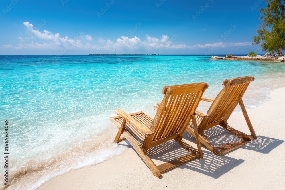 Fototapeta premium Two wooden lounge chairs on a tropical white sand beach facing clear turquoise sea under a sunny blue sky