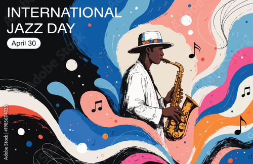 International Jazz Day Saxophonist Playing Colorful Saxophone With Musical Notes And Abstract Waves
