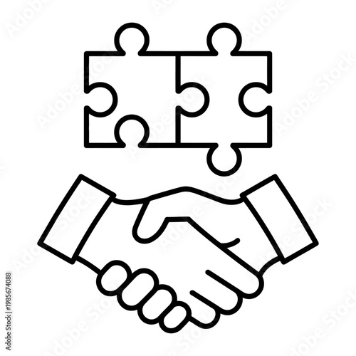 Vector of two hands shaking with a puzzle piece above them, symbolizing partnership and unity.