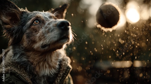 Dog watches a ball in flight, sunlit background, wet with droplets