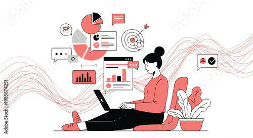 Woman working on laptop surrounded by business charts and graphs with flat design remote work business analytics statistics internet technology