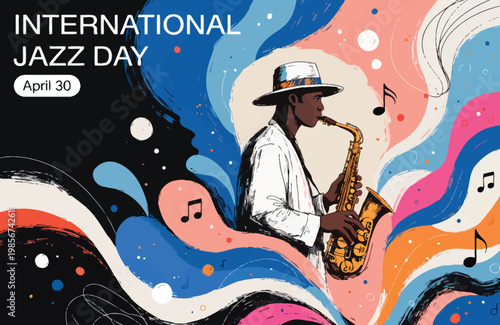 International Jazz Day Saxophonist Playing Colorful Saxophone With Musical Notes And Abstract Waves

