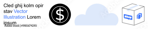E-commerce, cloud storage, financial transactions, online retail, digital economy, shopping. Black dollar symbol, blue cloud icon white box with shop label. E-commerce and cloud storage concepts