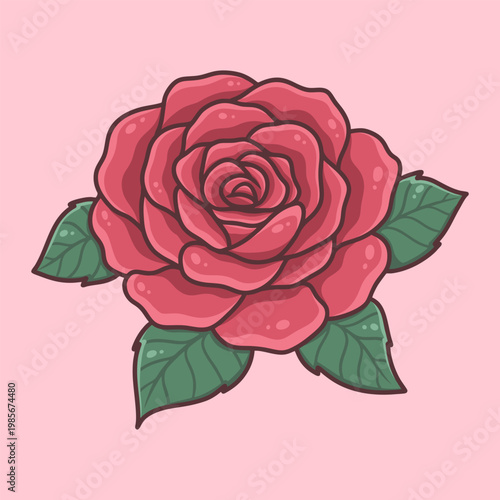 Red Rose with Leaves Illustration Vector