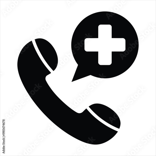 Black medical emergency phone call icon with speech bubble