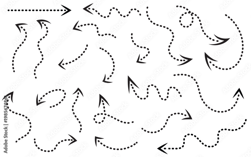 Fototapeta premium dotted arrow set vector collection with curved and directional paths, arrow collection