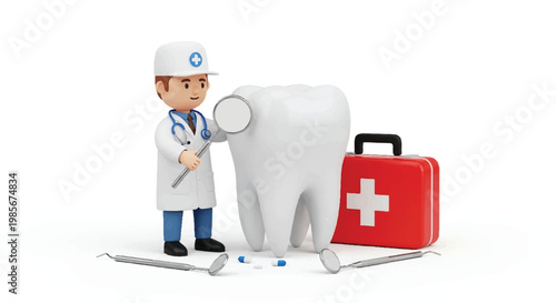 Cartoon dentist examining a giant tooth with medical tools and a first aid kit check up examination check-up character dentistry treatment
