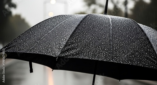 A black umbrella on a rainy day