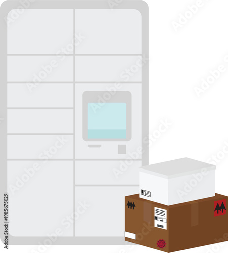 Vector illustration of an automated smart parcel locker station with cardboard boxes and a shipping package. Concept for modern delivery services, self-service pickup points, and e-commerce logistics.