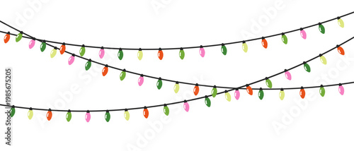 Christmas garland, light bulbs on string. Xmas holiday decorations, festive strands with retro lightbulbs. Electric illumination, ornament. Flat vector illustration isolated on white background