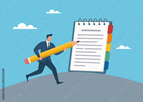 Businessman running with giant pencil towards a large notepad, Task Management, Business Planning, Taking Notes, Heavy Workload, Strategic Writing
