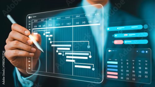 Project Timeline: A person meticulously navigates a holographic project timeline, symbolizing efficient management and future planning. This visual highlights the essence of organizational strategy. 