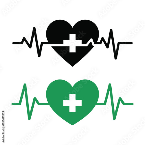 Black and green heart pulse with medical cross icons Keywords: medical, heart, pulse