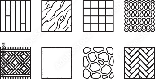 Interior flooring material icons, set of 8 vector floor texture swatches, architectural surface patterns for wood, tile, stone, and carpet