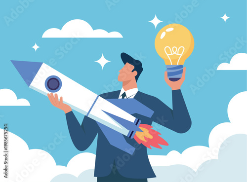 Businessman holding rocket and lightbulb for startup launch, Innovation, Business Growth, Creative Idea, Success, Future Vision