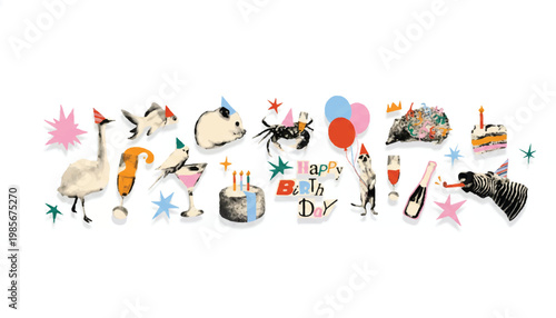 Collection of birthday party and celebration elements with food and drink ice cream party hat birthday celebration balloons champagne cocktail