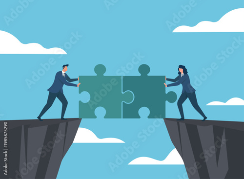 Business people pushing puzzle pieces to bridge a gap, Teamwork, Collaboration, Problem Solving, Partnership, Overcoming Obstacles