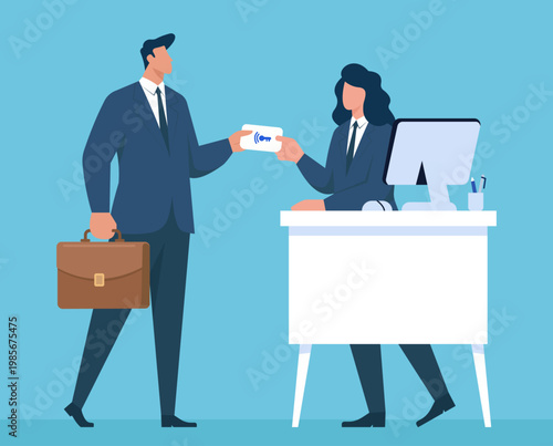 Corporate businessman receiving an electronic access keycard from a female receptionist at an office front desk, Office Reception Check-In, Secure Access Control, Business Travel Arrival