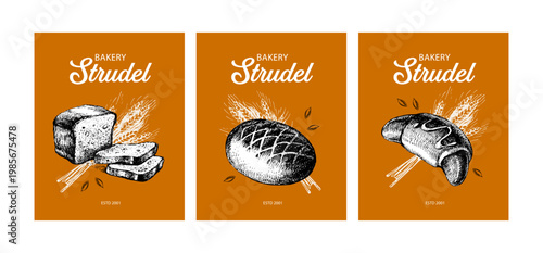 Hand drawn bakery banners. Vintage bread, croissant and bunch of wheat sketch vector illustrations. Retro collage menu set.