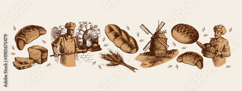 Hand drawn bakery banner. Vintage bread, croissant, baker, mill, oven and bunch of wheat sketch vector illustrations. Retro collage menu set.