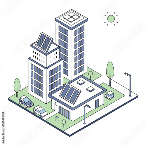 A modern city powered by solar design, with rooftop panels, smart grids, and green spaces. Clean energy flows efficiently, reducing emissions and creating a sustainable urban future.
