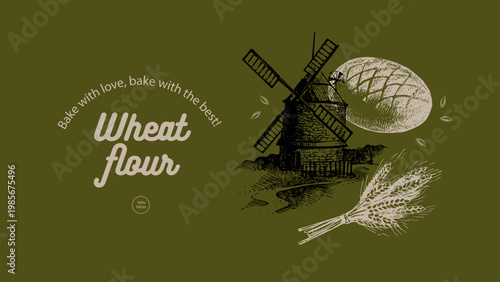 Hand drawn bakery banner. Vintage bread, mill and bunch of wheat sketch vector illustrations. Retro collage menu background