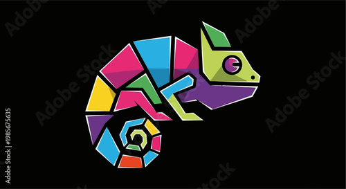 Vibrant geometric chameleon illustration on black.