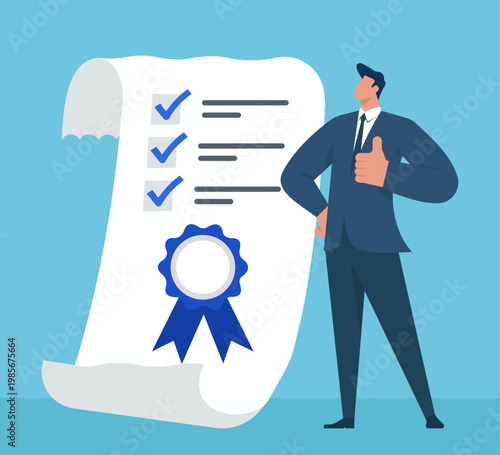 Businessman showing thumbs up next to a giant completed checklist with a certification seal, representing quality assurance and successful task completion, Successful Task Completion