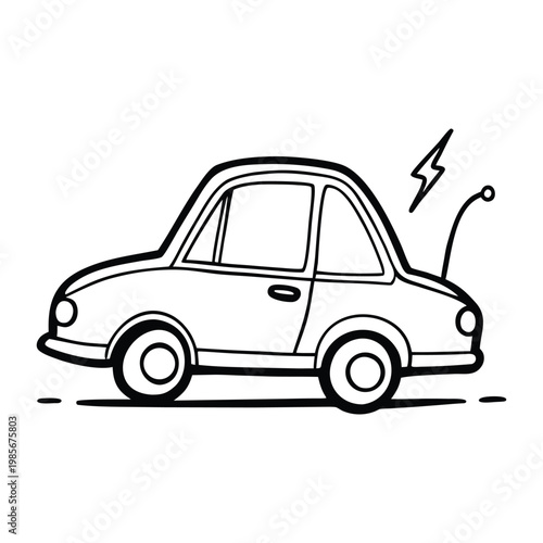 Clean vector outline of an electric car designed for coloring, featuring smooth curves, charging cable detail, and eco-friendly theme. Perfect for kids and creative projects.
