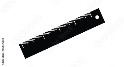A black ruler with metric markings is displayed diagonally against a plain white background silhouette high quality professional