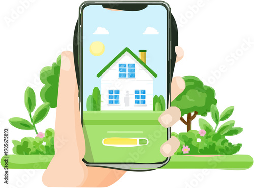 A minimalist 2D illustration depicts a hand holding a smartphone displaying an image of a smart home with greenery surrounding it, showcasing the seamless integration of technology in everyday life