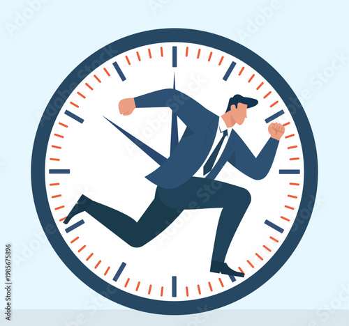 Stressed businessman running inside a large clock face, illustrating the concept of racing against time and managing tight corporate deadlines, Race Against Time, Time Management Challenge