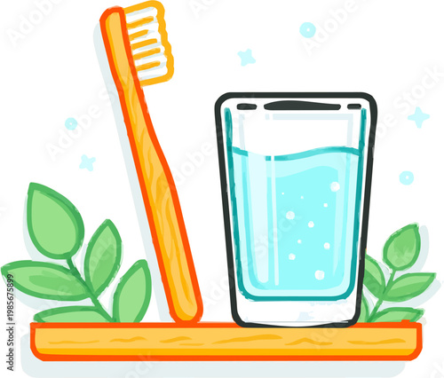 A minimalist 2D graphic depicts a bamboo toothbrush leaning against a glass of water on a sleek shelf, encapsulating a sustainable bathroom concept with muted sage and white tones